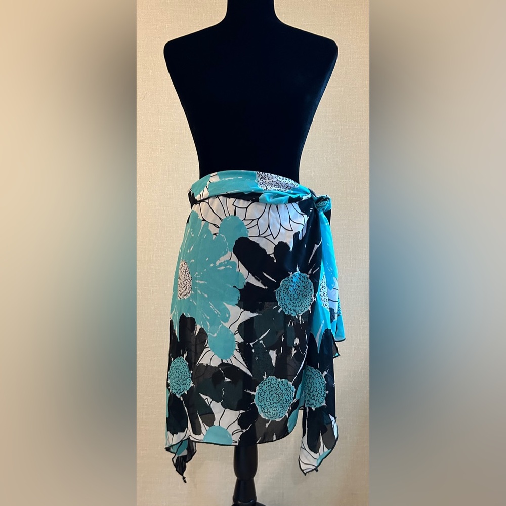 Anne Klein Sarong Swimsuit Cover Up Teal Black Floral Adjustable Medium Vintage